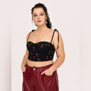 Cider Black Crop Top with Cherry Embroidery